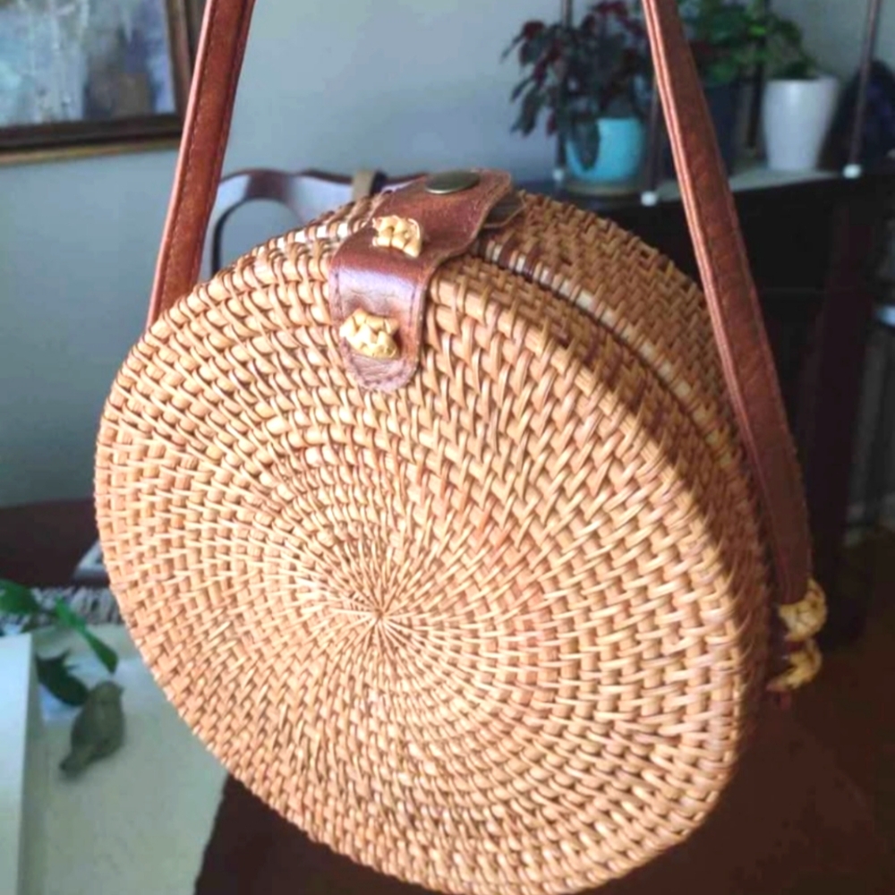 Round Woven Tan Crossbody Bag